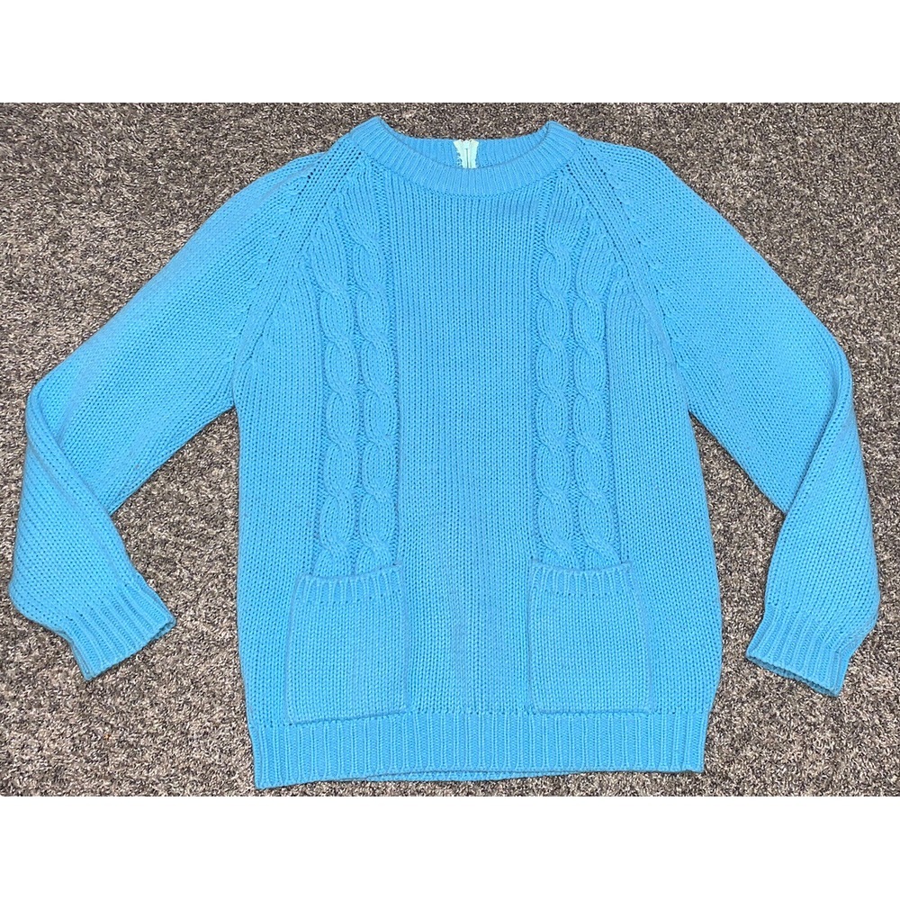 Vintage Cable Knit Sweater Baby Blue Back Zip Large‎ Virgin Acrylic Chunky BB